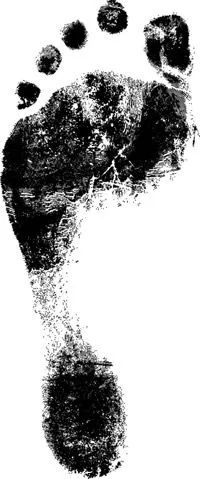 A black ink imprint of a footprint on paper.