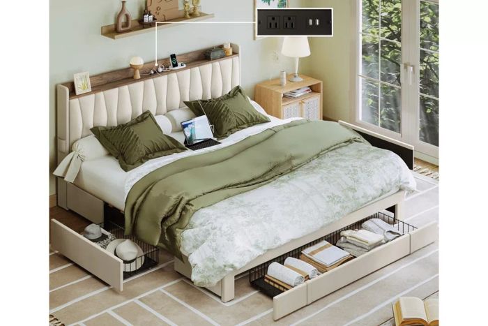 Upholstered Bed Frame with 3 Drawers, Storage Headboard, and Built-In Charging Station