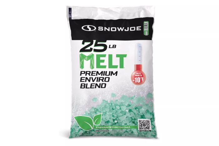 Snow Joe Melt-2-Go Ice and Snow Melt is a fast-acting ice melter made with a CMA blend that remains effective at temperatures as low as -10°F. This Amazon-exclusive product comes in a 25-pound bag and is perfect for tackling icy conditions during winter storms. Packaging may vary, and it is green in color.