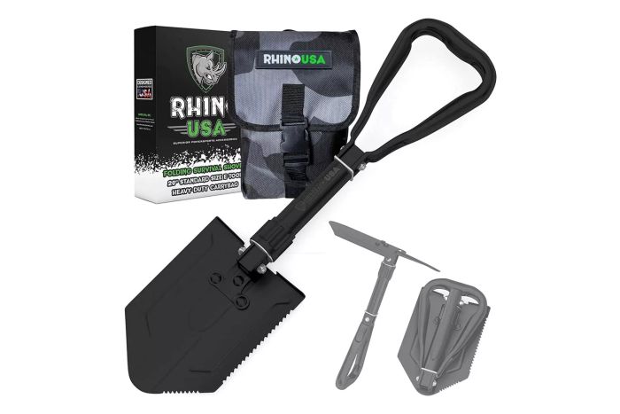 The RHINO USA Folding Survival Shovel with Pick is a versatile, heavy-duty carbon steel military-style tool designed for various tasks such as off-roading, camping, gardening, and digging through dirt, sand, mud, and snow.