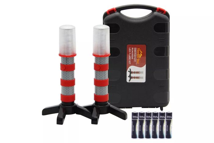 The Twinkle Star Emergency Roadside Flares Kit contains LED strobe warning lights with a magnetic base, detachable stand, and a sturdy storage case. These high-visibility flares are designed to be used as highway beacons to alert drivers during roadside emergencies, and come in a set of two.