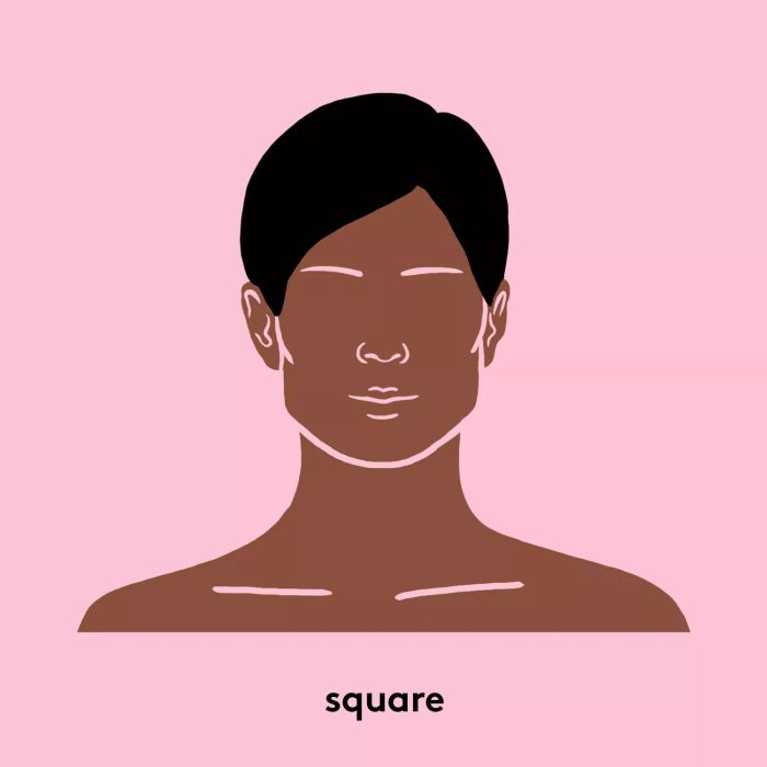 A square face shape is defined by the equal width of the forehead, cheekbones, and jawline. Your jawline and forehead are typically wider and more pronounced, says Dr. Shafer. While the measurements may resemble those of a round face, a square face has a more angular appearance with fewer curves.