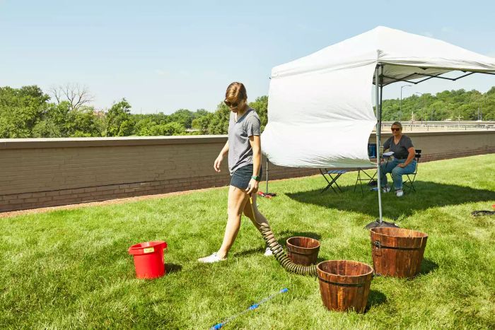 A person dragging the Water Right Coil Garden Hose on the lawn