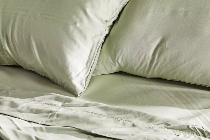 Close-up shot of the Bamboo Bay 4-Piece Bamboo Sheet Set with pillows.
