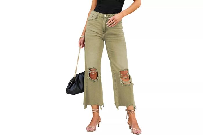 LOLONG High-Waisted Ripped Flare Jeans for Women, Casual Distressed Denim Pants