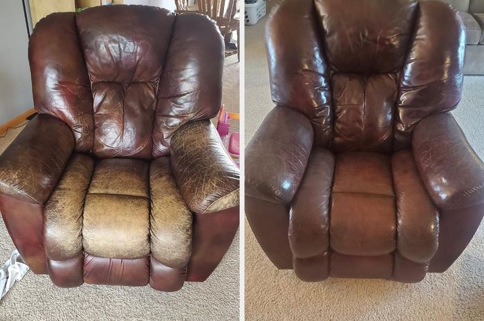 A side-by-side comparison of a reviewer's leather recliner: the left shows its worn state, while the right displays its restored condition