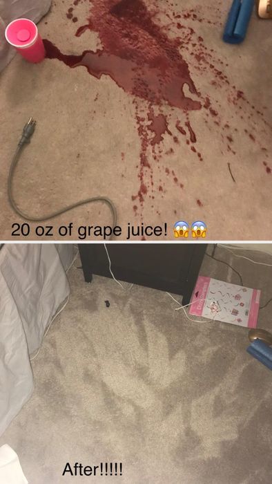 A reviewer's before-and-after photos of a white carpet stained with grape juice, now completely spotless after cleaning
