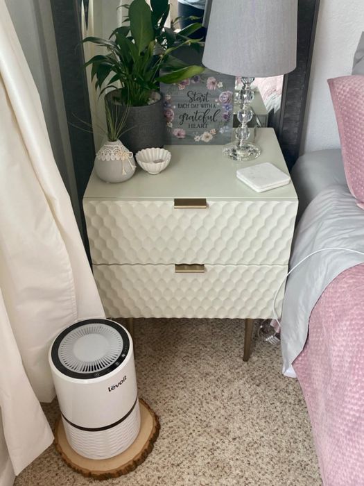 A cozy bedroom nightstand featuring a lamp, a small plant, decorative items, and an air purifier placed on the floor nearby.