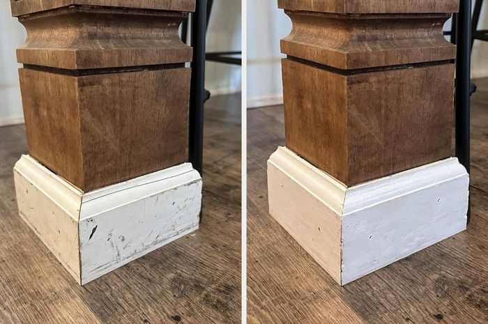 A side-by-side comparison of a wooden column base: the left side shows worn, scratched paint, while the right side displays a freshly painted, pristine finish
