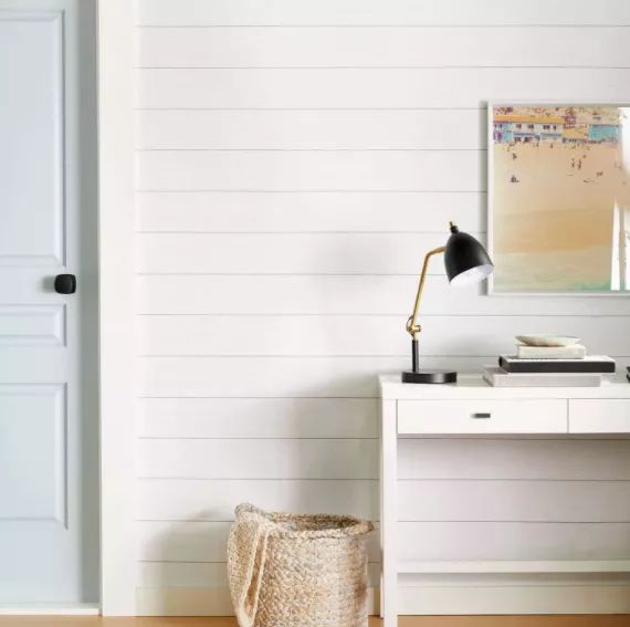 removable shiplap wallpaper in a home office