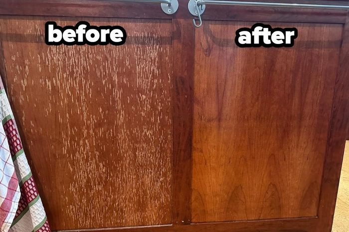Cabinet doors displayed in a before-and-after comparison, showcasing the effects of refinishing or cleaning