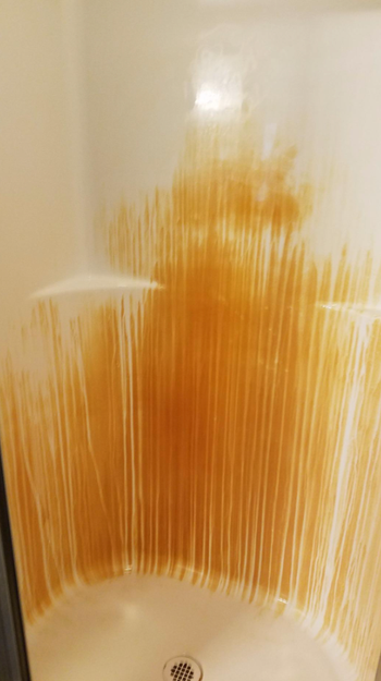 A reviewer's shower surround covered in rust stains