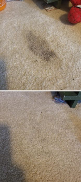 A reviewer's before-and-after comparison of a soiled carpet