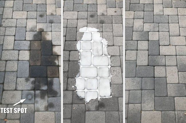 A reviewer's demonstration on three tiled surfaces showing the before, during, and after stages of removing an oil stain