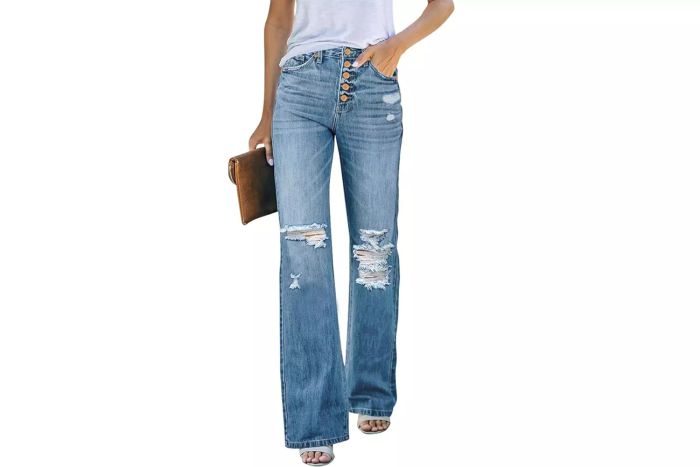 LookbookStore Women’s High-Waisted Ripped Flare Jeans, Distressed Style