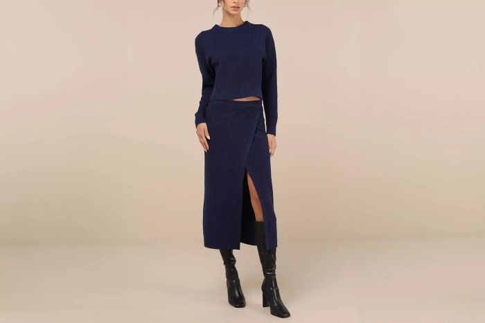 Autumn Sweetheart Navy Blue Waffle Knit Two-Piece Sweater Dress
