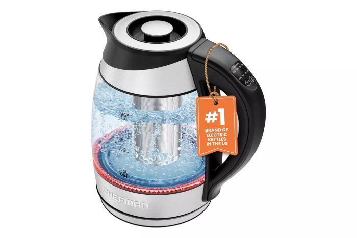 Chefman Electric Kettle with Temperature Control, 5 Presets LED Indicator Lights, Removable Tea Infuser, Glass Tea Kettle & Hot Water Boiler, 360° Swivel Base, BPA Free, Stainless Steel, 1.8 Liters