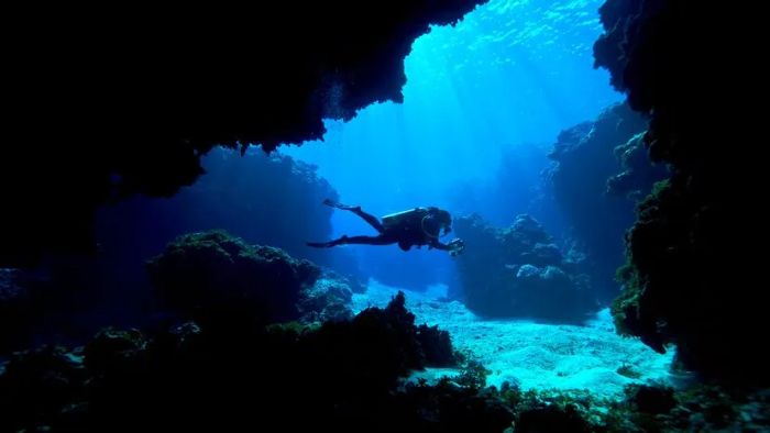 A scuba diver ventures into an underwater cavern surrounded by vibrant coral reefs in a tropical setting.