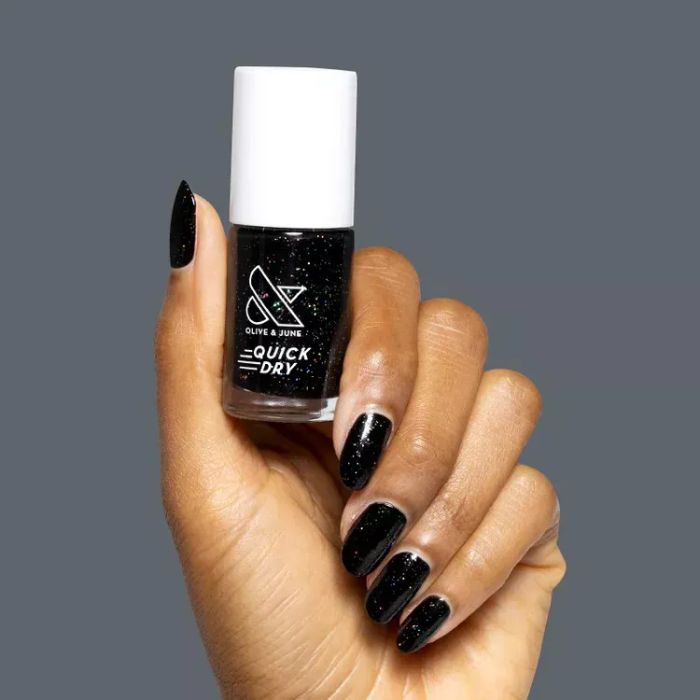 Olive & June Quick Dry polish in glittery inky black