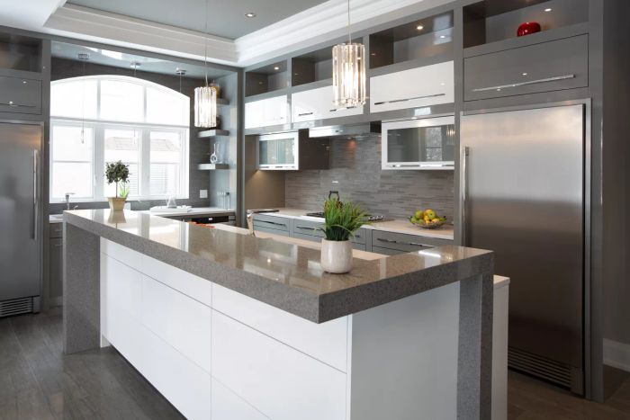 Interior of a contemporary luxury kitchen in a private residence in North America.