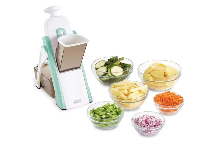 DASH Safe Slice® Mandoline Slicer, Julienne + Dicer for Vegetables, Meal Prep & More with 30+ Presets & Thickness Adjuster - Aqua