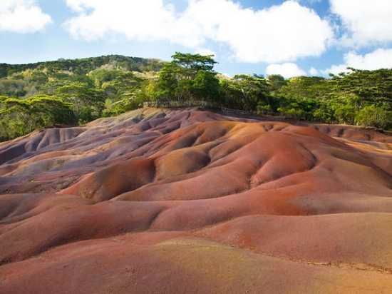 Chamarel Falls, located in Mauritius, is a magnificent waterfall with three distinct streams cascading down a plateau, reaching a height of 300 feet. These falls are the tallest in Mauritius. Alongside them, the Colored Earth has become a natural wonder. The colored sands, formed by lava cooling at different times, display seven vibrant hues: red, brown, violet, green, blue, purple, and yellow. A fascinating aspect of the sands is that, when mixed, they naturally separate into their original colors. This mysterious property of the sands remains unexplained by scientists, despite attempts to uncover its secrets. Additionally, erosion, which would typically occur during the area's heavy rainy season, is absent.