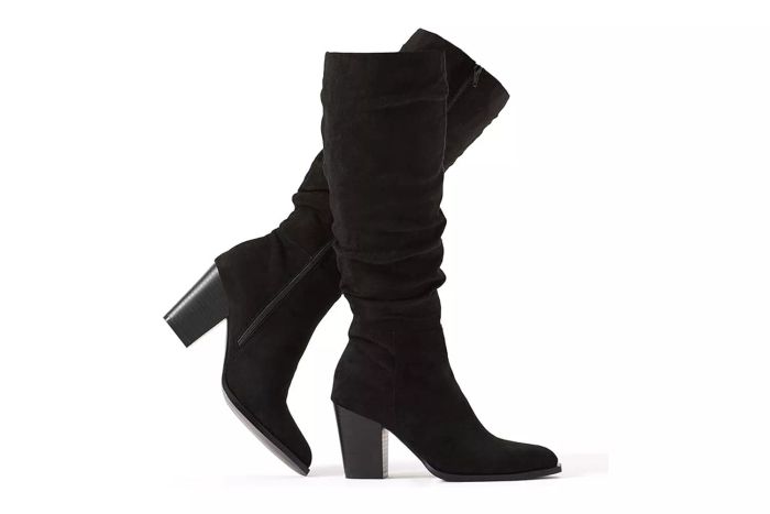 Putu Women's Pointed Toe Knee High Boots in Faux Suede with Chunky Heel
