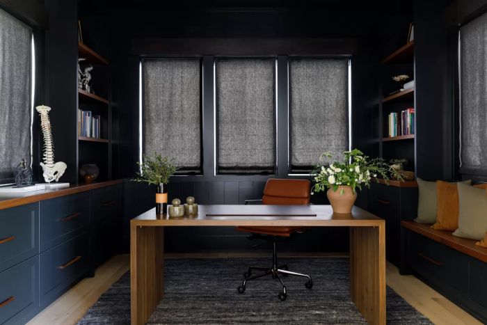 A workspace adorned in deep blue and forest green hues