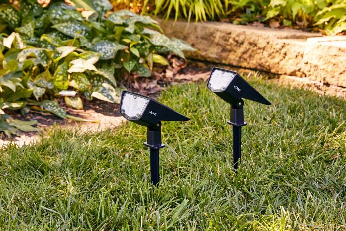 Two of the outdoor solar lights we tested, installed on a lawn and powered on.