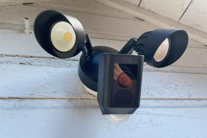 The Ring HD Motion-Activated Floodlight Camera mounted on the home's exterior.