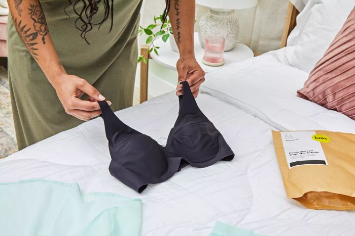 A person is holding up the Knix Revolution V-Neck Bra.
