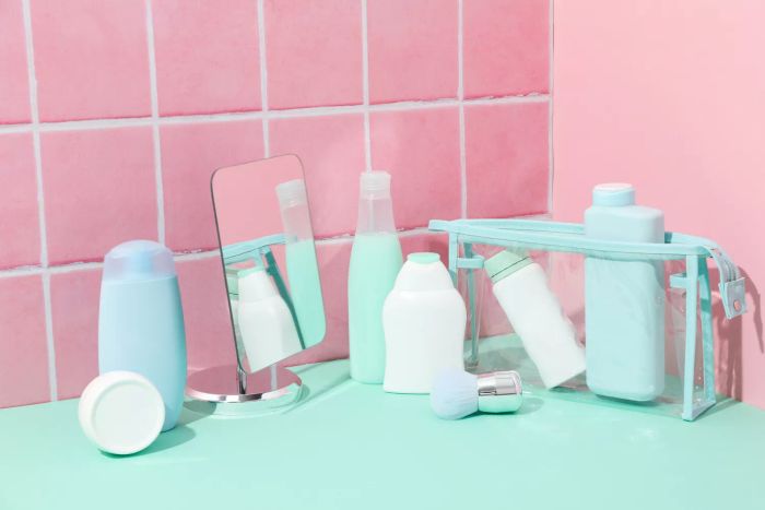 Toiletries bag for various bathroom and personal care items