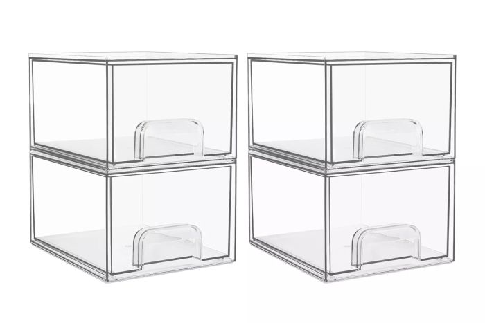 The Vtopmart Four-Pack Clear Stackable Storage Drawers are a convenient and space-saving organization tool, designed to fit together neatly while keeping everything visible.