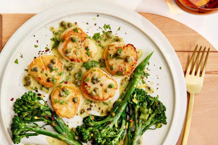 Scallops in a rich brown butter and caper sauce