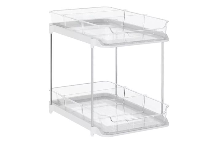 Delamu 2 Sets of 2-Tier Multi-Purpose Bathroom Under Sink Organizers and Storage, Stackable Kitchen Pantry Organization, Pull Out Medicine Cabinet Organizer with 8 Movable Dividers