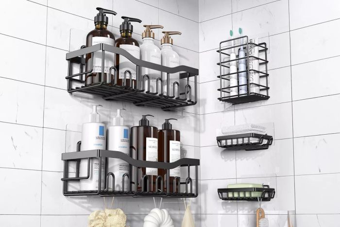 We suggest bathroom organizers that can be mounted on tile walls in your bathroom.