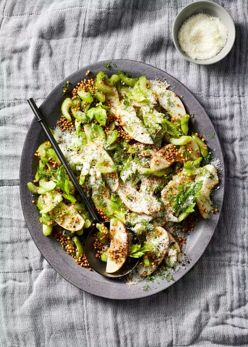 A vibrant Celery and Apple Salad, complemented by crispy Toasted Buckwheat for an added crunch. This combination offers a diverse mix of textures, making it a delightful and healthy lunch option. Plus, toasted buckwheat is a great addition to any gluten-free diet.