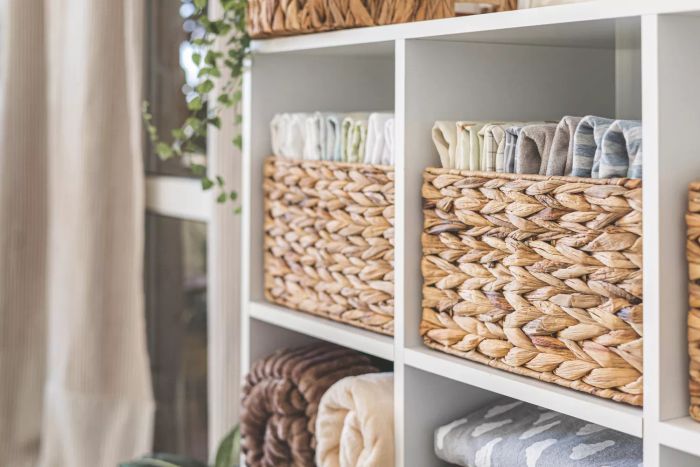 A minimalist Nordic-inspired storage technique with neatly organized domestic textile bed linens, carefully arranged in cupboard shelves, and decorative plants placed on the cabinet top. Soft blankets, sheets, duvets, and pillows are elegantly arranged to maintain a tidy look.