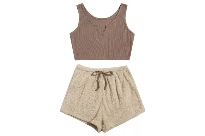 Verdusa Women's Lounge Pajama Set with Notched Tank Top and Tie-Front Teddy Shorts