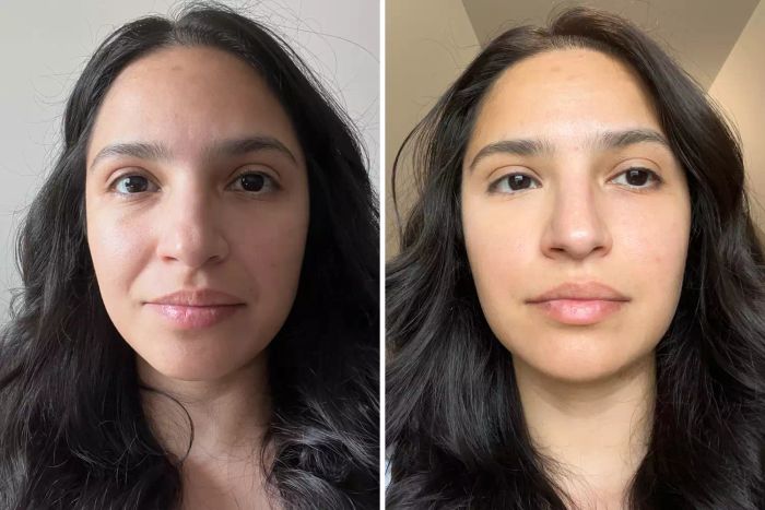 See the dramatic difference with Kosas Cloud Set Powder in the Before & After shots for a radiant transformation.