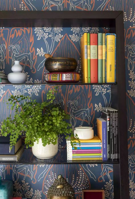 wallpaper placed behind a bookshelf