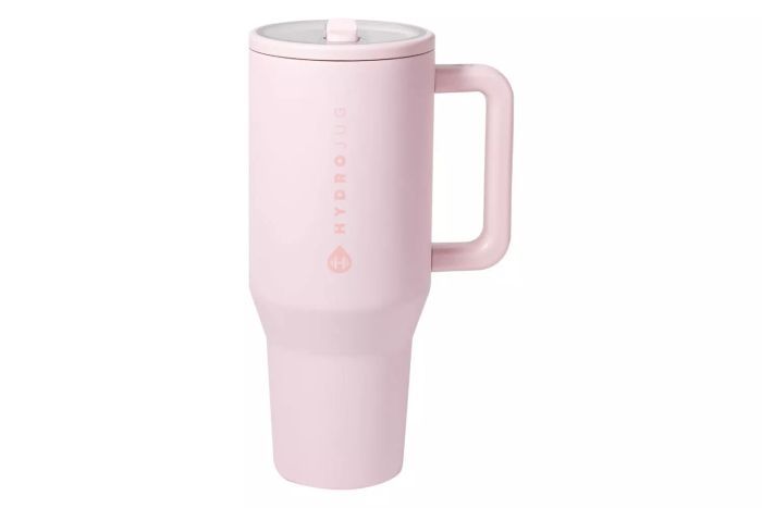 HydroJug Traveler - A sleek 40 oz tumbler with a handle and a simple flip straw, designed to fit perfectly in car cup holders. This leak-resistant, reusable water bottle is made from insulated stainless steel with a durable rubber base. A great gift for both men and women.