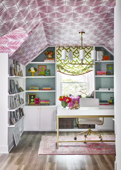office featuring a cake stand on a shelf