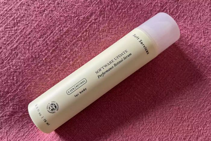 A bottle of Soft Services Software Update Retinol Body Serum