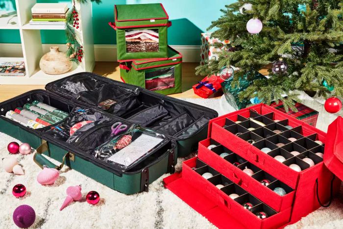A collection of holiday storage options displayed on a rug.