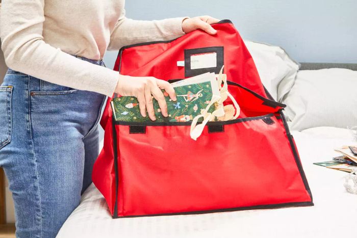 A person places bags inside the ProPik Christmas Storage Organizer.