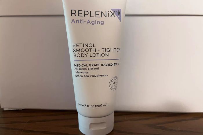 A bottle of Replenix Retinol Smooth + Tighten Body Lotion