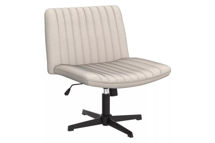 PUKAMI Criss Cross Chair, Armless Cross-Legged Office Desk Chair Without Wheels, Fabric Padded Modern Swivel Height-Adjustable Mid-Back Wide Seat Computer Task Vanity Chair for Home Office (Beige)