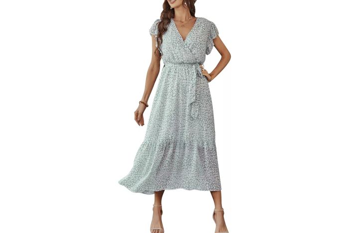 Amazon Bequemer Laden Women's Summer Floral Dress Wrap V Neck Short Sleeve Belted Ruffle Beach A-Line Bohemian Maxi Dresses