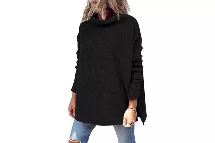 LILLUSORY Women's Mock Turtleneck Sweater with Oversized Long Sleeves and Split Hem Casual Knit Pullover Tunic Top